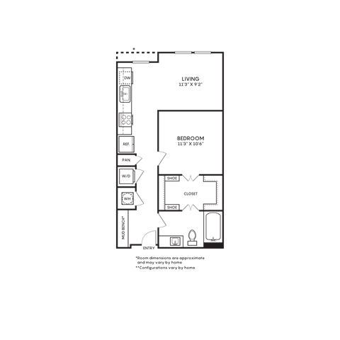 Floor plan for 1 bed, 1 bath, 610 sqft